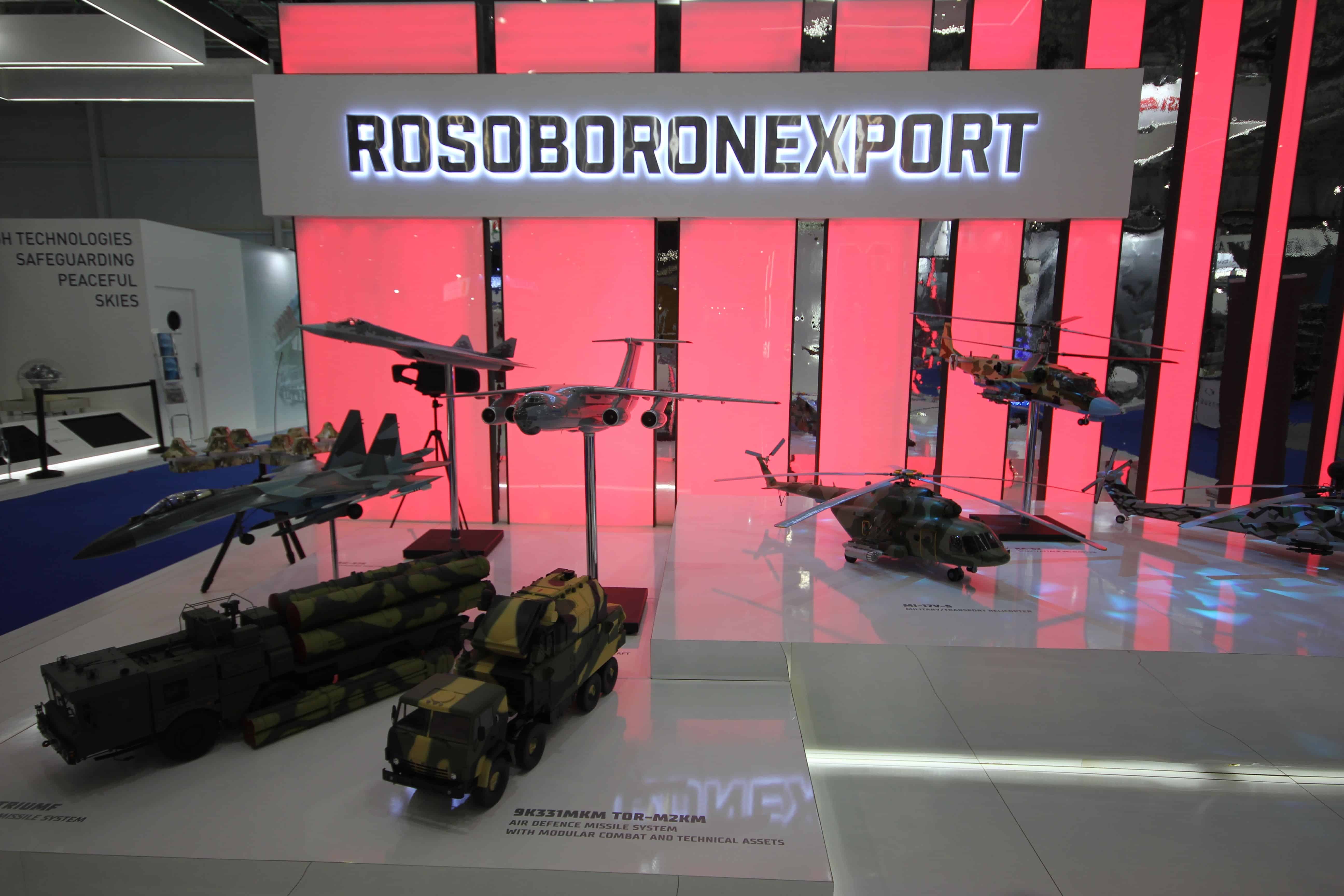 Dubai, UAE - November 14, 2021: Rosoboronexport exhibitor pavilion at Dubai Airshow 2021 showcasing the Russia state-owned company's latest military products and technologies.