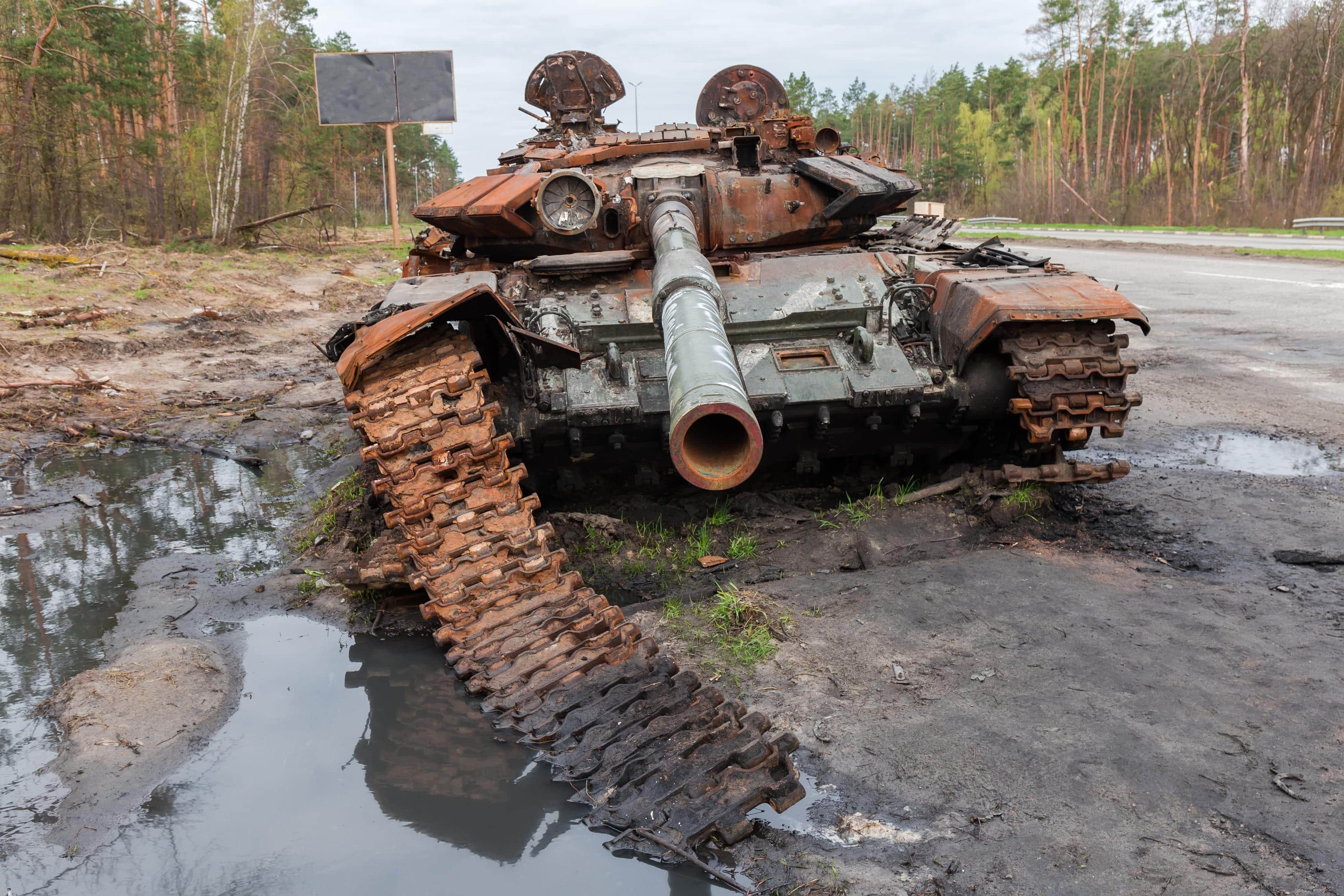 Russian battle tank which was destroyed on the roadside during hostilities in Russian invasion of Ukraine, 2022