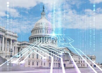 Capitol dome building exterior, Washington DC, USA. Home of Congress, Capitol Hill. American political system. Artificial Intelligence concept, hologram. AI, machine learning, neural network, robotics