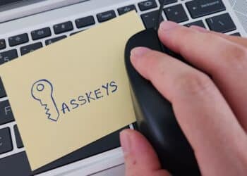 A sticky note with the word Passkeys placed on a keyboard