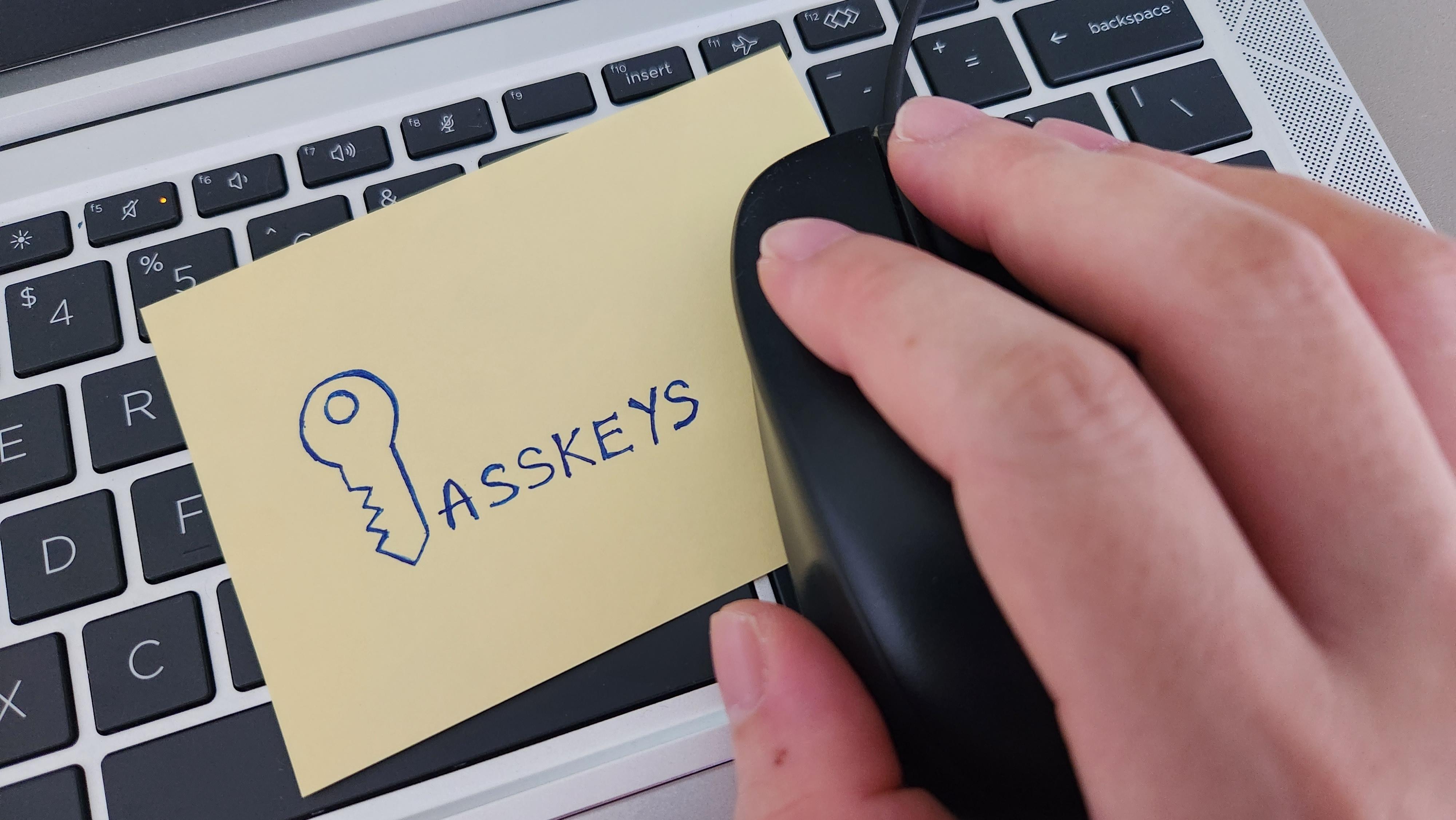A sticky note with the word Passkeys placed on a keyboard