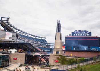 FOXBORO, MASSACHUSETTS - SEPTEMBER 12, 2015: View of Gillette Stadium, home of the New England Patriots, prior to the One Direction concert.