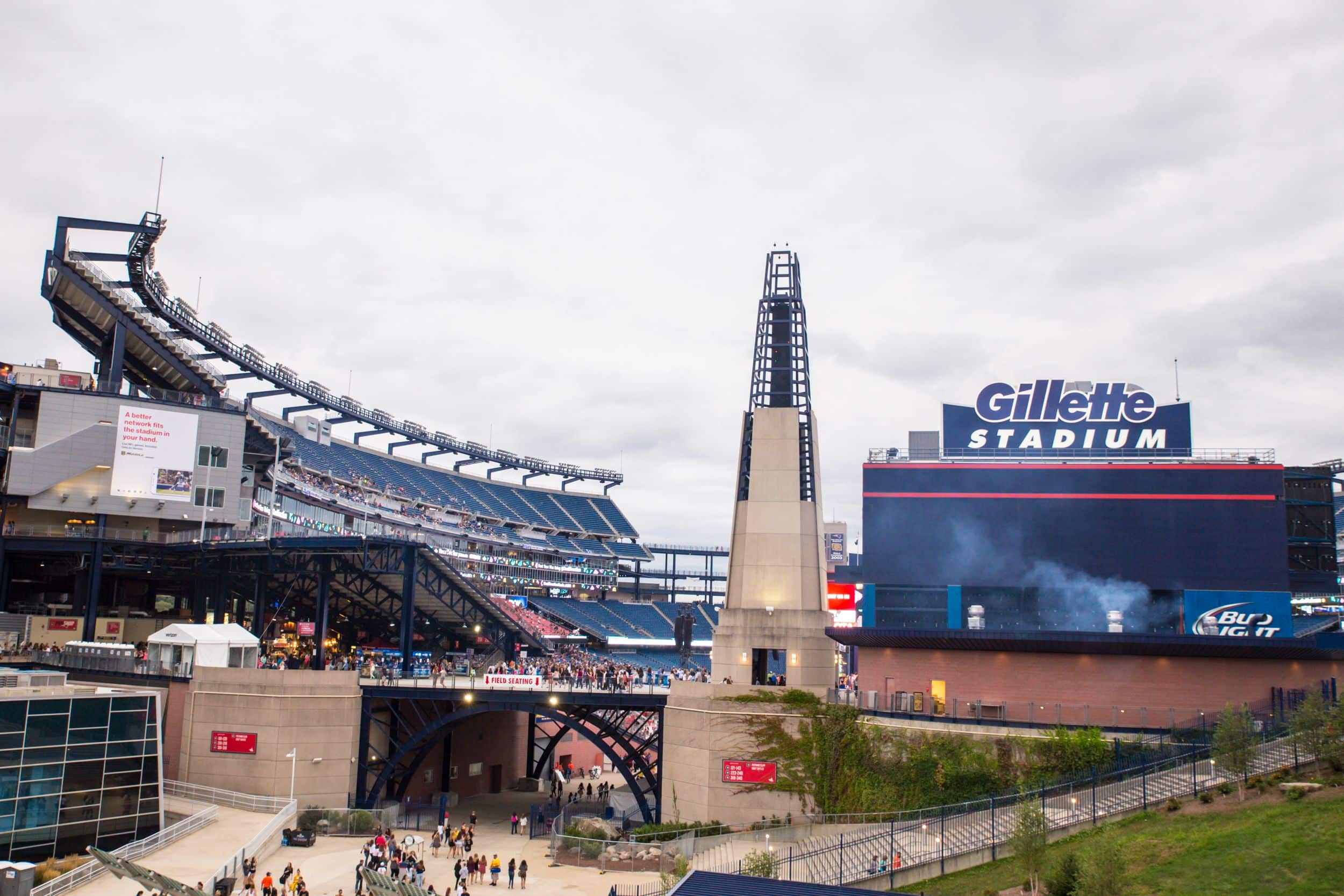 FOXBORO, MASSACHUSETTS - SEPTEMBER 12, 2015: View of Gillette Stadium, home of the New England Patriots, prior to the One Direction concert.