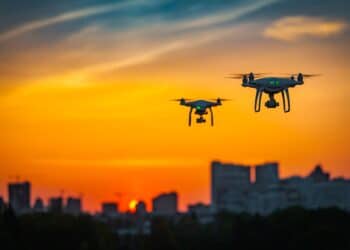 Two drone quad copters with high resolution digital camera flying aerial over spectacular sunset orange sky. Cityscape silhouette with sun goes down in the background.Vehicle at sundown and copy space