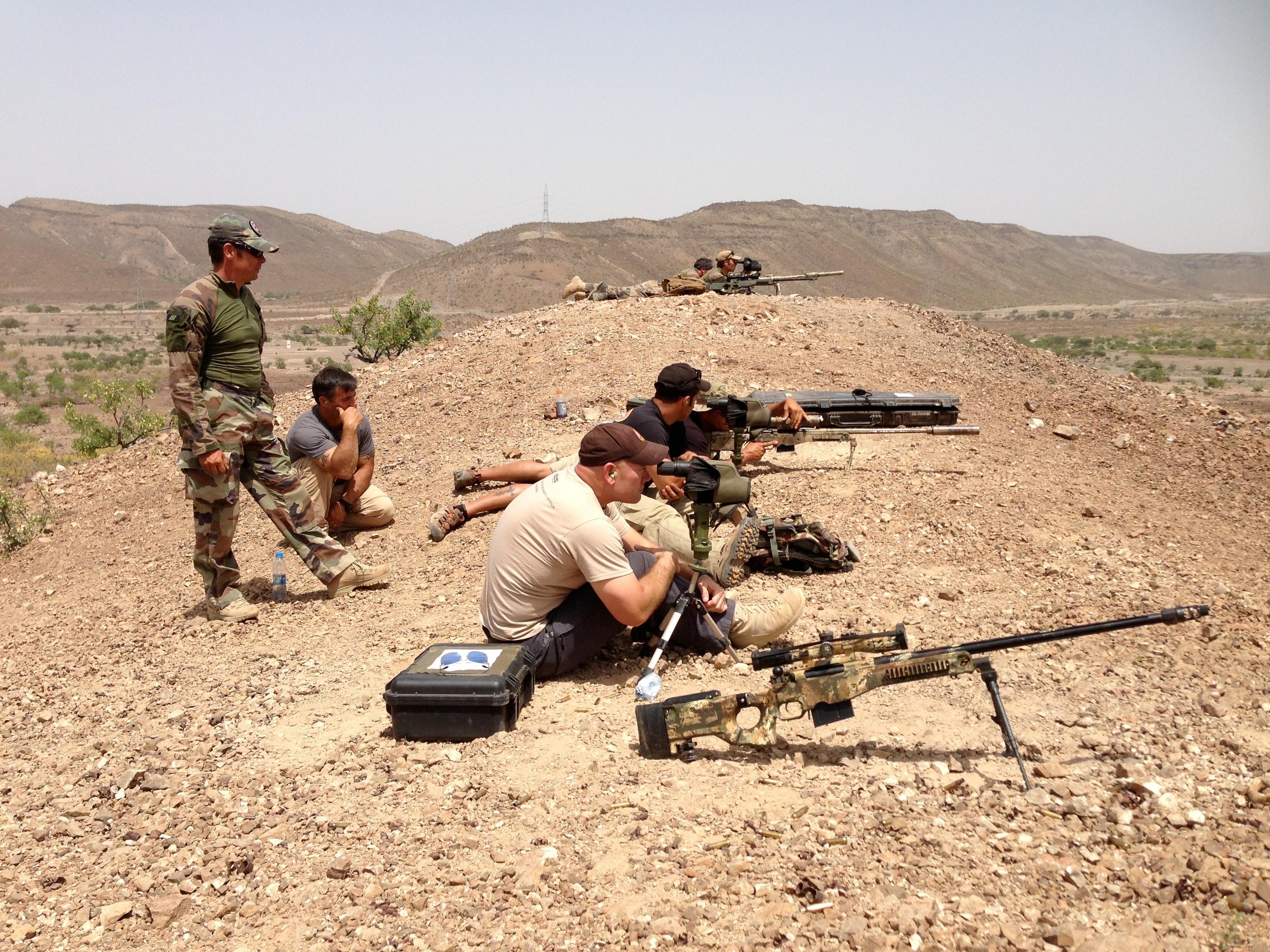 U.S. Army Maj. Duncan Smith, Special Operations Detachment - Africa (SOD-A), Texas Army National Guard, front, trains alongside U.S. special forces and French special operations snipers on various sniper and spotting techniques using French weapons systems, Djibouti, May 2013. SOD-A soldiers conduct various missions in Africa in support of Special Operations Command-Africa, whose goal is to promote regional stability in that region. (Courtesy photo).