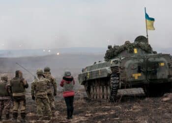 Ukrainian combat training center staff and U.S. Army mentors watch as BMP-2s from the 1st Battalion, 28th Mechanized Infantry Brigade engage targets during a live-fire training exercise at the Yavoriv Combat Training center on the International Peacekeeping and Security Center, near Yavoriv Ukraine, on March. 16.