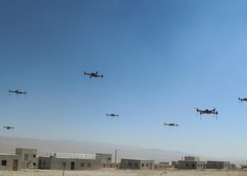 The 11th Armored Cavalry Regiment and the Threat Systems Management Office push a swarm of 40 drones through the town during the battle of Razish, National Training Center on May 8th, 2019. This exercise was the first of many held at the National Training Center. (U.S. Army Photo by Pv2 James Newsome)