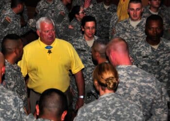 Medal of Honor recipient, retired Navy SEAL Lt. Michael E. Thornton, speaks with soldiers assigned to the 11th Air Defense Artillery Brigade, 32nd Army Air and Missile Defense Command at Fort Bliss, Texas, June 7, 2012. Thornton visited the soldiers of the 11th ADA BDE and shared with them his story of camaraderie, selfless service and his heroic actions during his last tour of duty in Vietnam resulting in saving the life of a fellow SEAL.