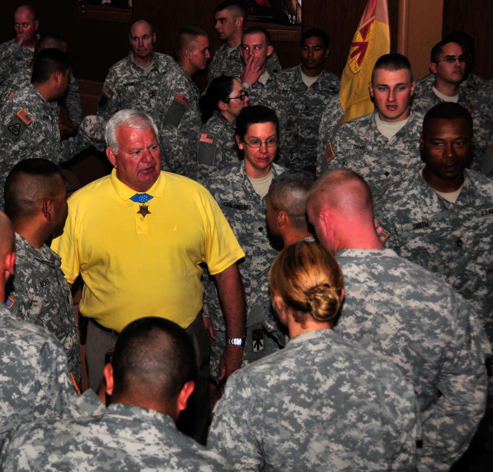 Medal of Honor recipient, retired Navy SEAL Lt. Michael E. Thornton, speaks with soldiers assigned to the 11th Air Defense Artillery Brigade, 32nd Army Air and Missile Defense Command at Fort Bliss, Texas, June 7, 2012. Thornton visited the soldiers of the 11th ADA BDE and shared with them his story of camaraderie, selfless service and his heroic actions during his last tour of duty in Vietnam resulting in saving the life of a fellow SEAL.