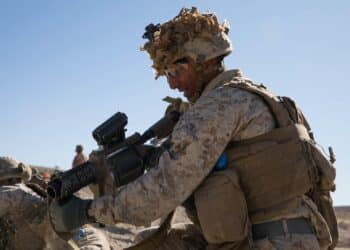 A U.S. Marine Corps Rifleman with 1st Battalion, 3rd Marine Regiment, 3rd Marine Division holds the defense during the Integrated Training Exercise (ITX) at Marine Air Ground Combat Center, Twentynine Palms, California, Jan. 25, 2019. ITX is a month-long training event that applies combined-arms maneuver and offensive and defensive operations to prepare Marines for deployment. (U.S. Marine Corps photo by Cpl. Jack C. Howell)