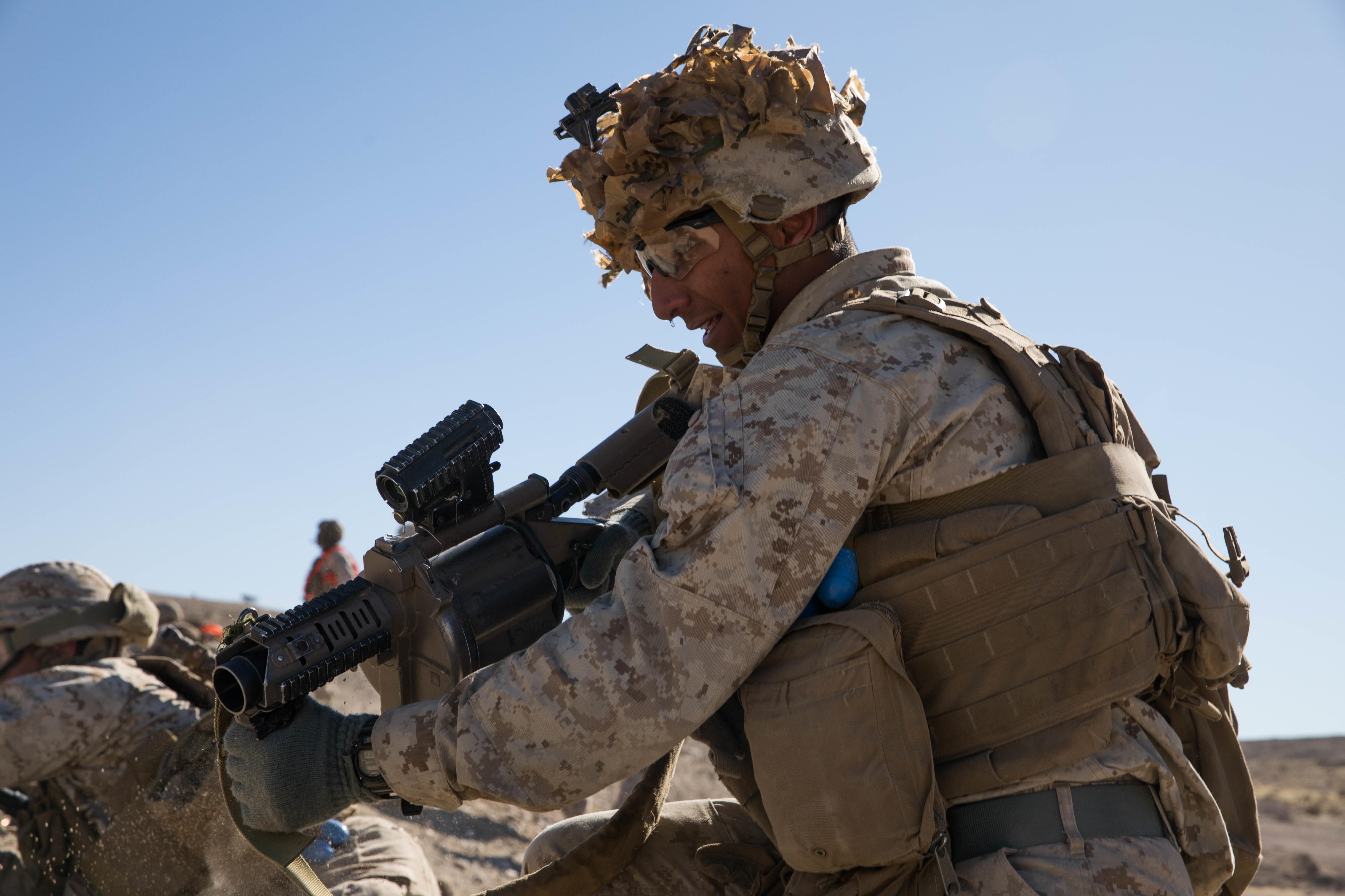 A U.S. Marine Corps Rifleman with 1st Battalion, 3rd Marine Regiment, 3rd Marine Division holds the defense during the Integrated Training Exercise (ITX) at Marine Air Ground Combat Center, Twentynine Palms, California, Jan. 25, 2019. ITX is a month-long training event that applies combined-arms maneuver and offensive and defensive operations to prepare Marines for deployment. (U.S. Marine Corps photo by Cpl. Jack C. Howell)