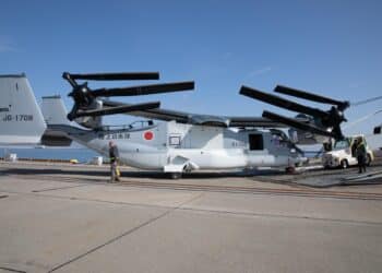 V-22 Ospreys destined for Japan Ground Self-Defense Force (JGSDF) units arrive at Marine Corps Air Station (MCAS), Iwakuni, Japan, Feb. 14, 2021. This was the second offload of future JGSDF Ospreys at MCAS Iwakuni. The air station’s advanced capabilities and deep water port allow for aircraft to arrive via ship before receiving functional checks and flying to their final destination. (U.S. Marine Corps photo by Lance Cpl. Triton Lai)