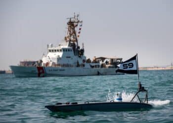 A MANTAS T-12 unmanned surface vessel (USV), front, operates alongside U.S. Coast Guard patrol boat USCGC Maui (WPB 1304) during exercise New Horizon in the Arabian Gulf, Oct. 26. Exercise New Horizon was U.S. Naval Forces Central Command Task Force 59’s first at-sea evolution since its establishment Sept. 9. (U.S. Navy photo by Mass Communication Specialist 2nd Class Dawson Roth)