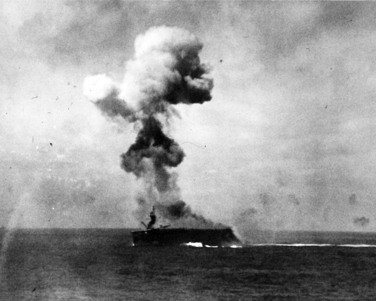 The USS Cabot (CVL-28) shortly after being hit by a Kamikaze attack on November 25, 1944. Alden Wadleigh, who was on the flight deck at the time of the attack, visited Naval Air Station Pensacola on July 27, 2022. Photo from the National Museum of the U.S. Navy.
