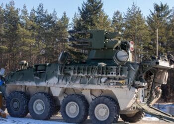 U.S. Army Soldiers assigned to 10th Army Air and Missile Defense Command conduct a live fire exercise using the M-SHORAD weapon system in Vilseck, Germany, Feb. 9, 2023. The system is designed to defend maneuvering forces