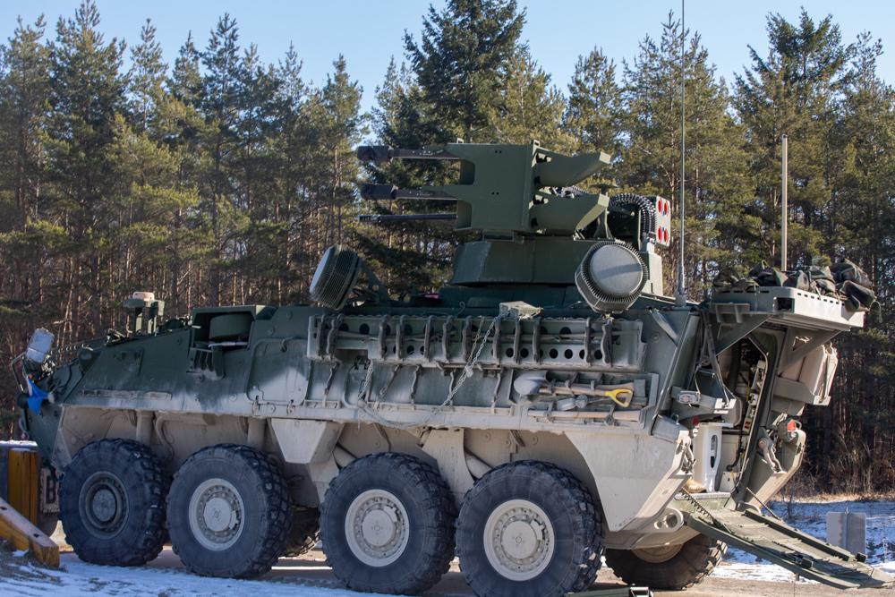 U.S. Army Soldiers assigned to 10th Army Air and Missile Defense Command conduct a live fire exercise using the M-SHORAD weapon system in Vilseck, Germany, Feb. 9, 2023. The system is designed to defend maneuvering forces