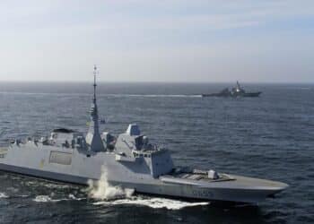 (From left) French Navy FREMM frigate FS Bretagne, U.S. Navy Arleigh Burke-class guided-missile destroyer USS Porter (DDG 78), and Italian Navy Carlo Bergamini-class FREMM frigate ITS Carlo Margottini (D 592)