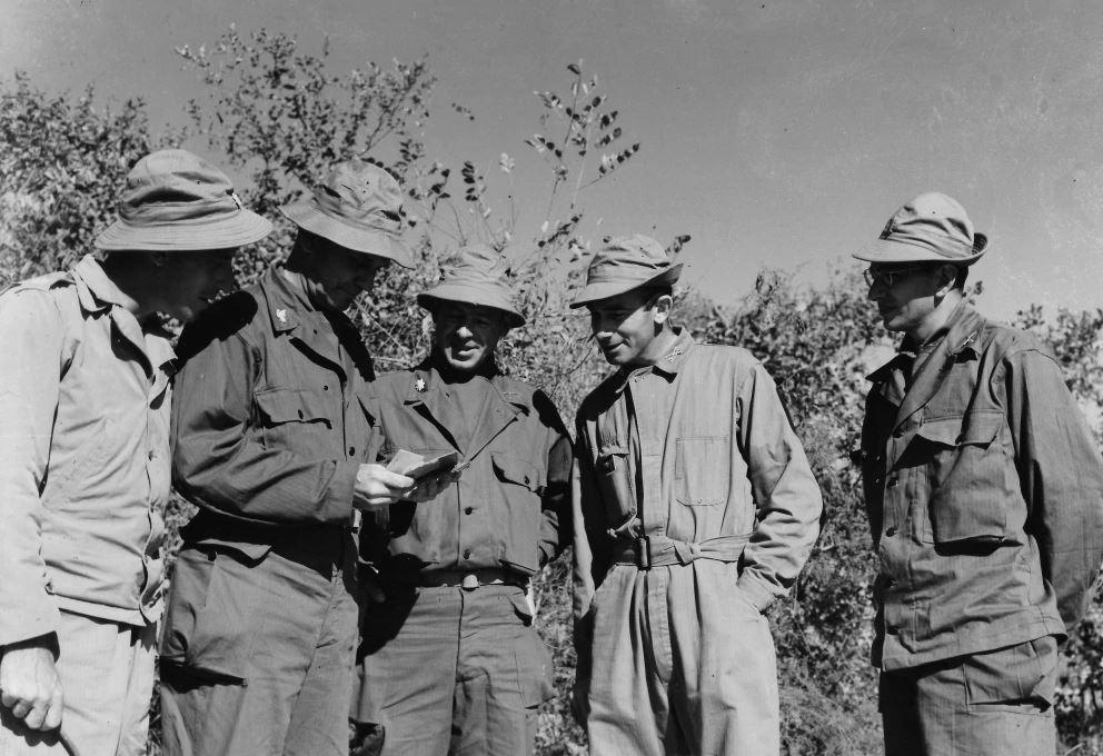 Gathering of the 5307th staff in Burma: Lt. Col. Hunter center; 1st Lt. William Laffin far right.