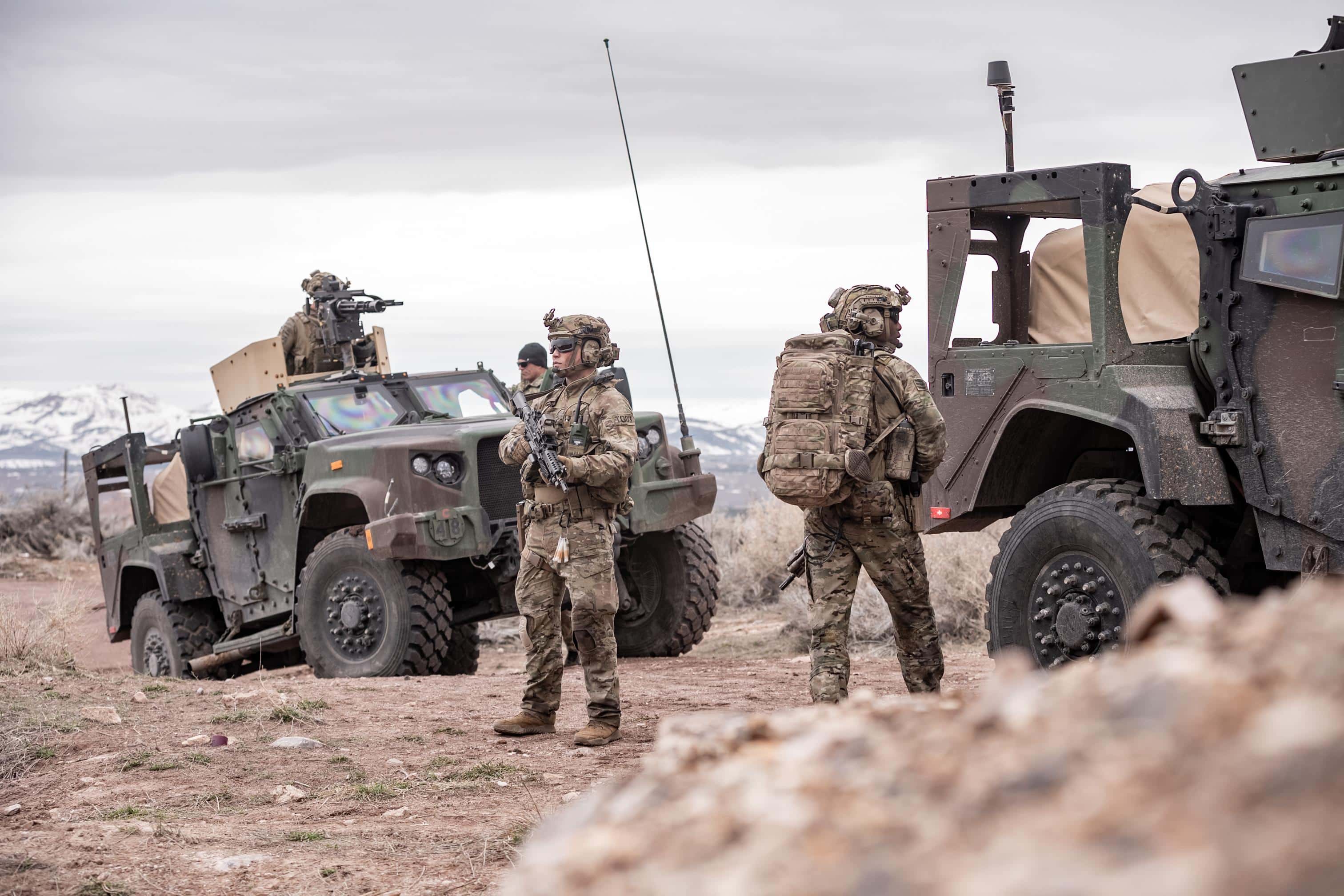 Operators with the 19th Special Forces Group (Airborne) train with the Joint Light Tactical Vehicle, or “Joltvee” near Camp Williams, Utah, April 14, 2023. The Joltvee is a highly advanced and capable vehicle designed to provide greater mobility, survivability, and lethality on the battlefield, developed through a joint program between the US Army, Marine Corps, and Oshkosh Defense to create a vehicle that could replace both the Humvee and the numerous variants of Mine-Resistant Ambush Protected (MRAP) vehicles.
