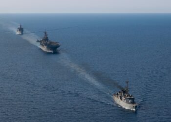 230808-N-OQ442-3162 RED SEA (Aug. 8, 2023) Royal Saudi Navy frigate HMS Taif (708), amphibious assault ship USS Bataan (LHD 5) and dock landing ship USS Carter Hall (LSD 50)