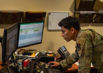 U.S. Air Force Senior Airman Jairo Valencia, 71st Rescue Generation Squadron aircraft electrical and environmental systems technician, completes his dorm out-processing at Moody Air Force Base, Georgia, July 11, 2023. Airman dorm leaders in and out-process the Airmen as well as manage the 834 rooms across five buildings on Moody AFB. (U.S. Air Force photo by Airman 1st Class Leonid Soubbotine)