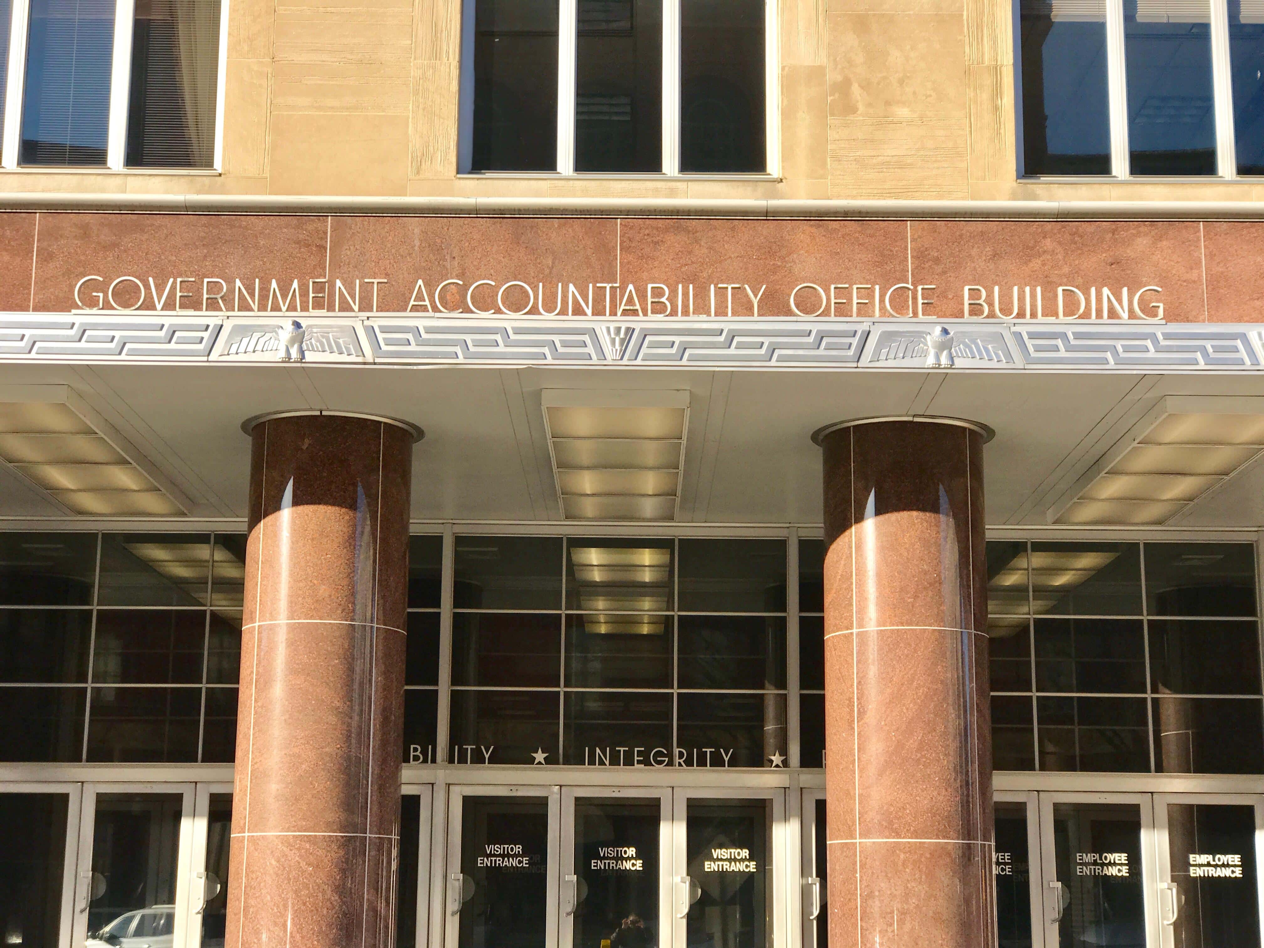 WASHINGTON, DC - FEBRUARY 9, 2019: GOVERNMENT ACCOUNTABILITY OFFICE BUILDING - sign at main headquarters entrance.