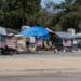 Los Angeles, CA USA - Julyl 3, 2021: Row of tents for homeless veterans surrounding the permieter of the Veterans Administration and Hospital grounds