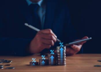 Fund trading concept. Businessman planning long-term investments, buying DCA mutual funds, analyzing economic trends, stock market volatility, taking high investment risks. Fund management, coins.