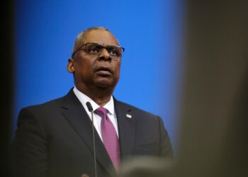 US Defense Secretary Lloyd Austin holds a press conference at the end of a two-day meeting of NATO Defence ministers at the NATO headquarters in Brussels on February 15, 2023.