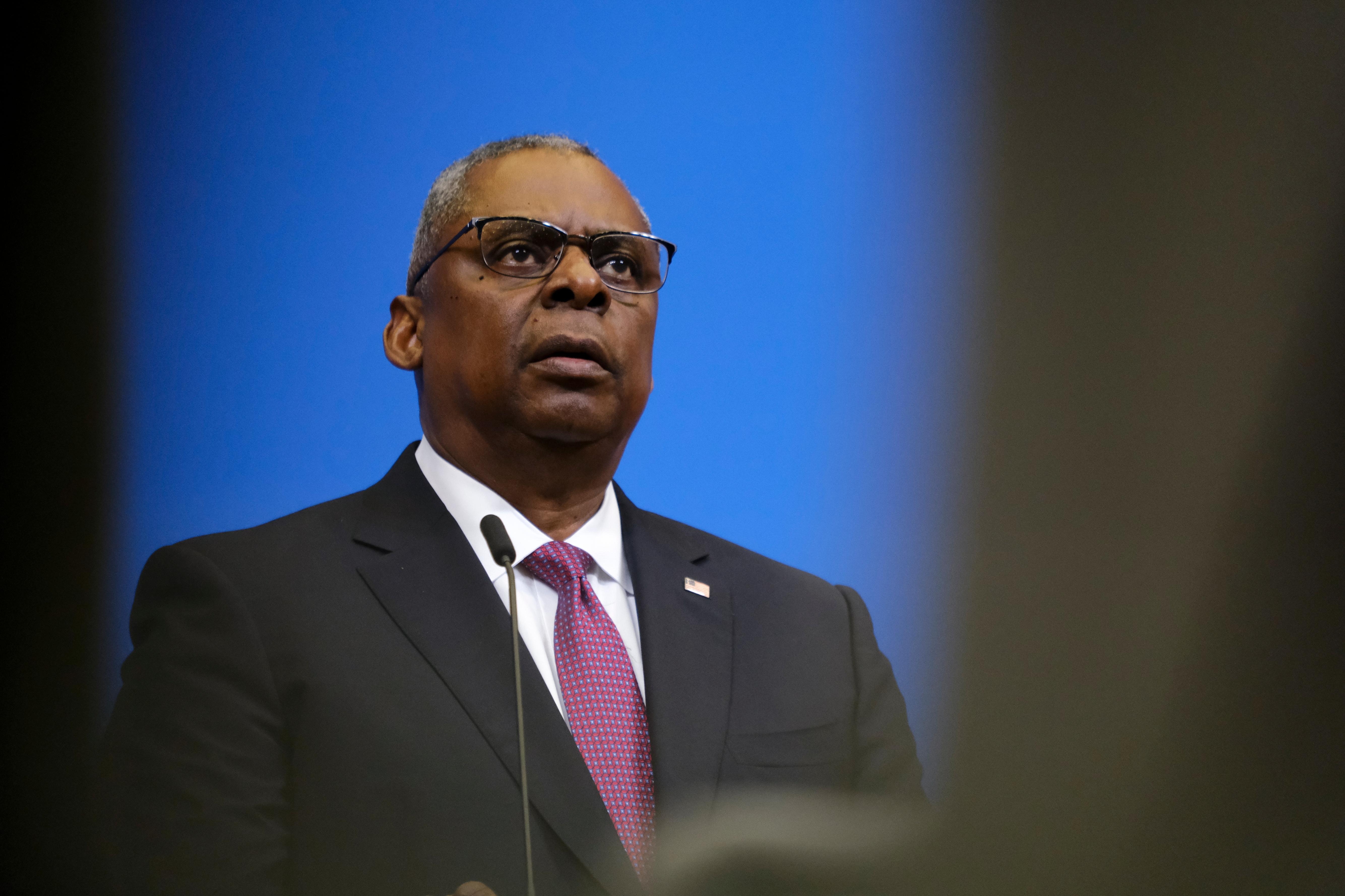 US Defense Secretary Lloyd Austin holds a press conference at the end of a two-day meeting of NATO Defence ministers at the NATO headquarters in Brussels on February 15, 2023.
