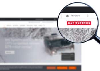 Los Angeles, California, USA - 8 Martha 2023: BAE Systems aerospace website homepage. BAE Systems logo visible on display screen