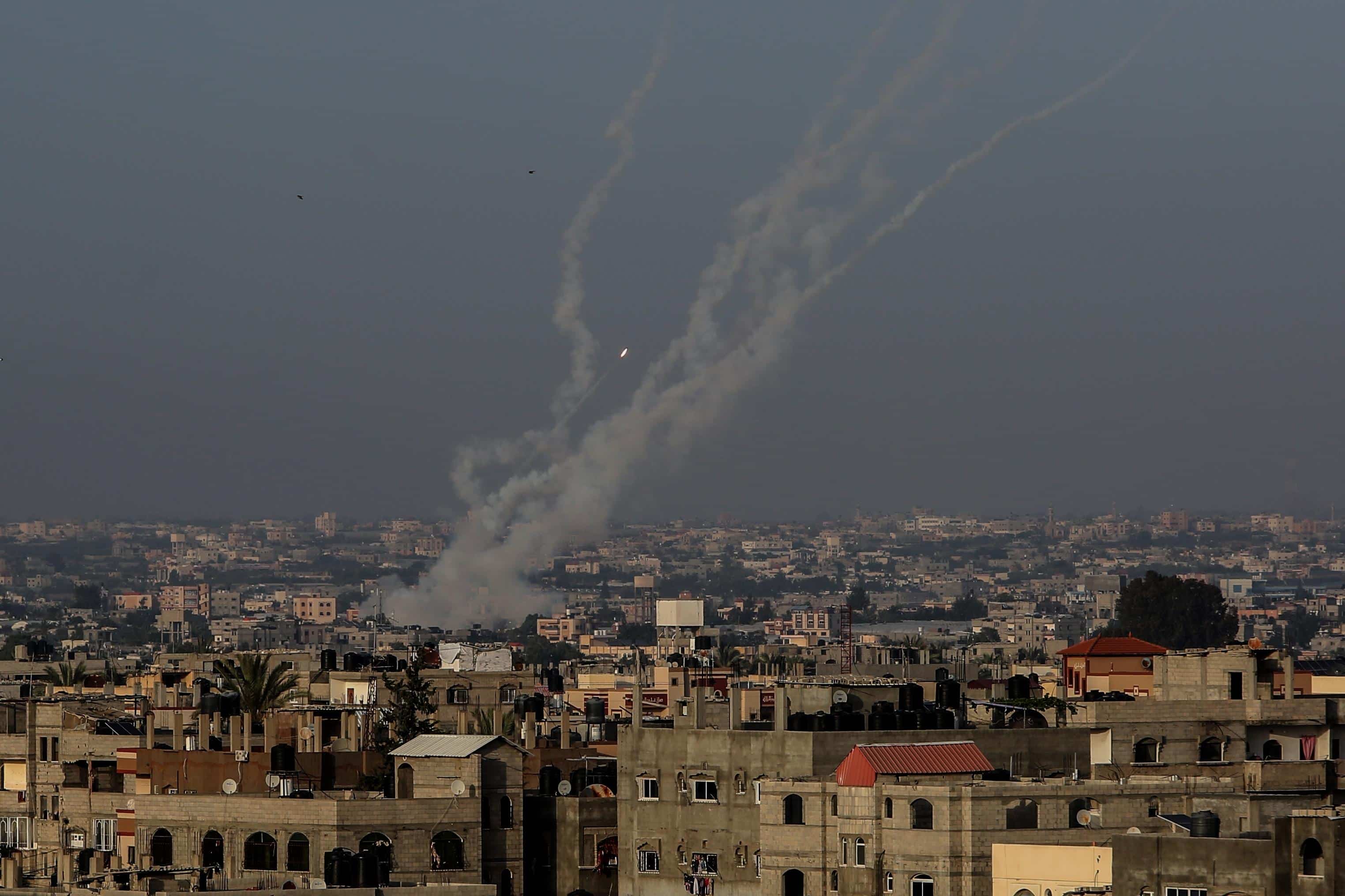 A rocket is fired from Gaza Strip towards Israel, on May 11, 2023. Israel and Gaza militants traded cross-border fire.