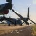 An MV-22 Osprey tilt-rotor aircraft lands at Royal Australian Air Force Base Darwin.