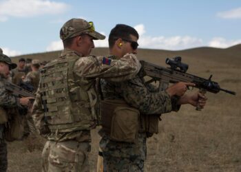 A U.K. Army soldier with Irish Guards shows A U.S. Marine with Marine Rotational Force-Europe 19.2, Marine Forces Europe and Africa, how to fire a L85A3 rifle during exercise Agile Spirit 2019 in Orpholo, Georgia, August 2, 2019. AgS19 is a joint, multinational exercise that enhances U.S., Georgian, allied and partner forces lethality, interoperability and readiness in a realistic training environment. (U.S. Marine Corps photo by Lance Cpl. Larisa Chavez)