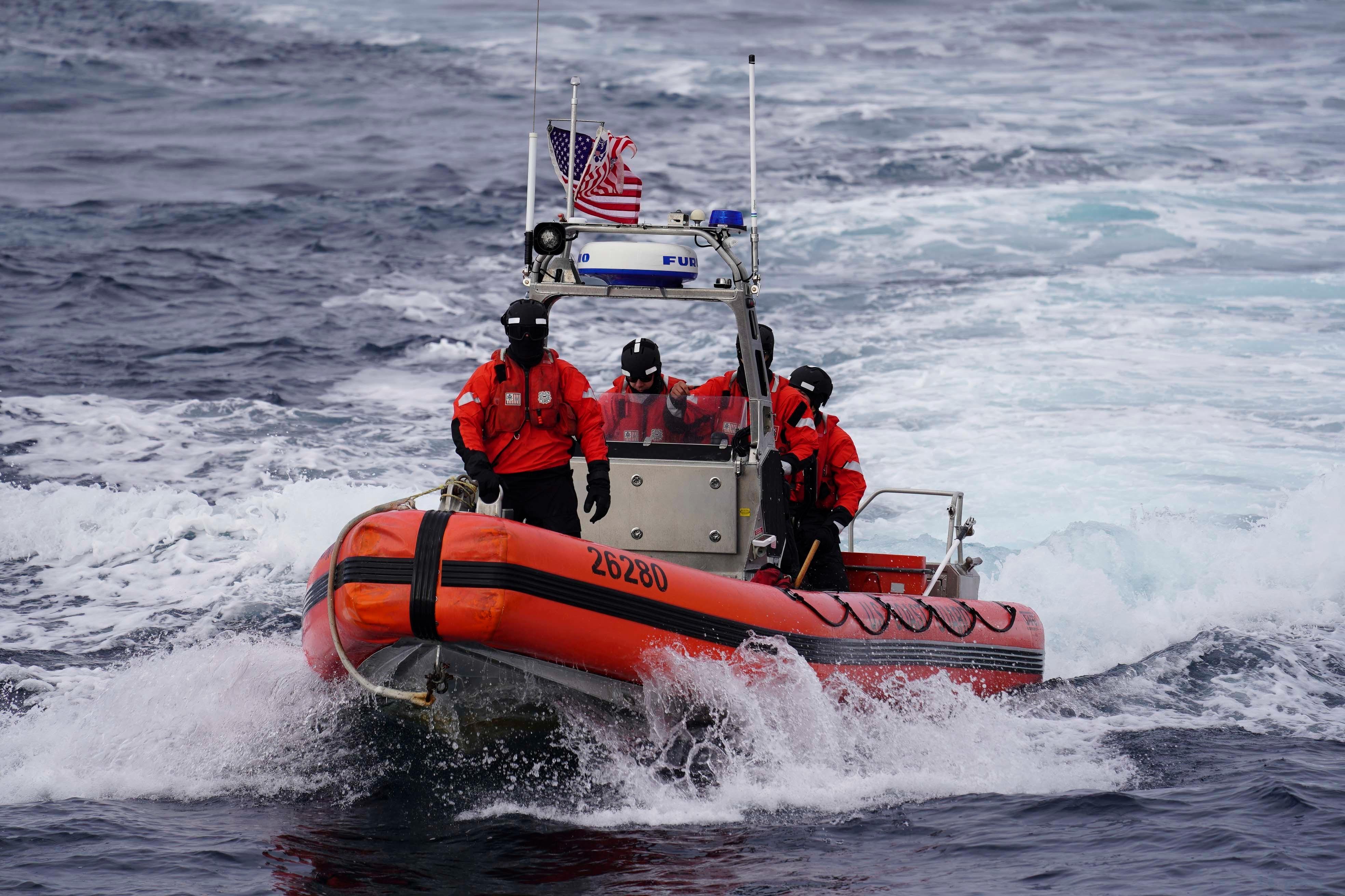As part of Operation Nanook, U.S. Coast Guard Cutter Tahoma (WMEC 908) boat-crew participates in a search and rescue exercise with the HDMS Triton, a Royal Danish navy vessel, Aug. 17, 2020, off Greenland. Operation Argus, part of Nanook, focused on search and rescue interoperability, highlights the importance of cooperation between international partners. (U.S. Coast Guard photo by Seaman Kate Kilroy/Released)