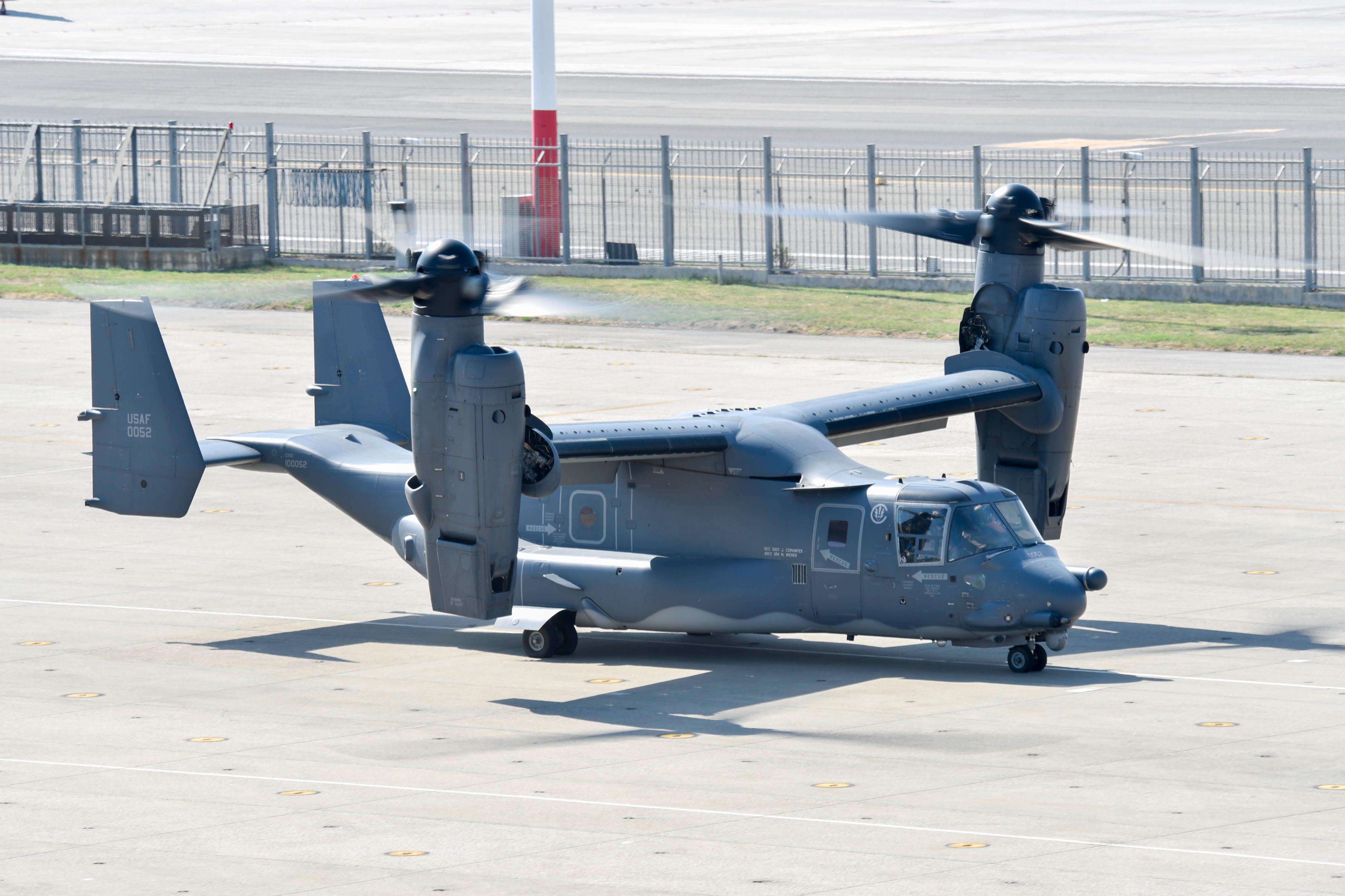 A U.S. Air Force CV-22B Osprey, attached to the 352d Special Operations Wing at RAF Mildenhall, U.K., prepares to depart Naval Support Activity (NSA) Naples after refueling, Aug. 12, 2020. NSA Naples