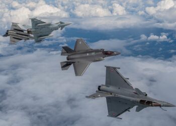 (A U.S. Air Force F-35A Lightning II, two Dassault Rafales and a Royal Air Force Eurofighter Typhoon break formation May 19, 2021, over France. The flight was apart of the Atlantic Trident 21 exercise which is a joint)