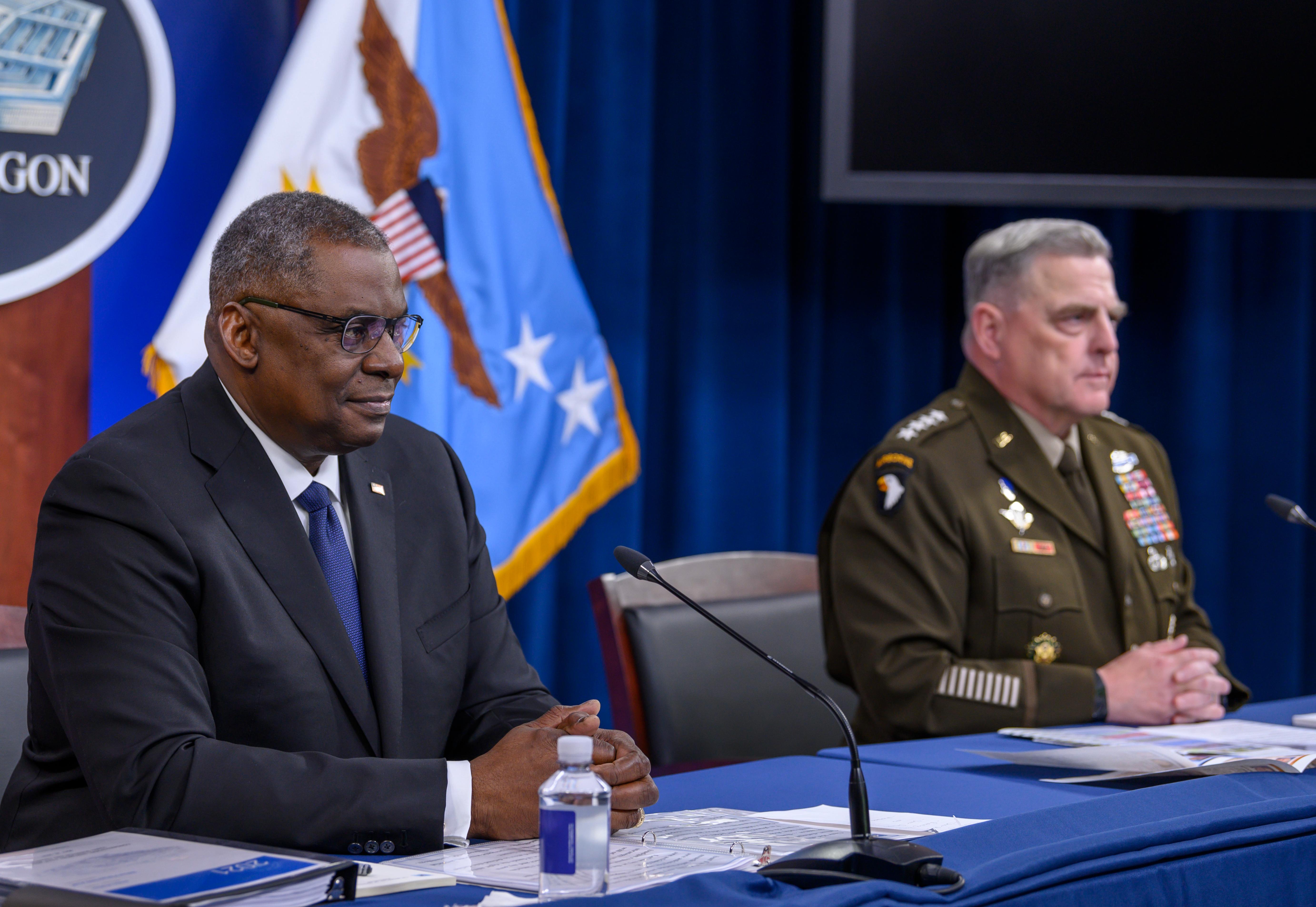 Secretary of Defense Lloyd J. Austin III and Chairman of the Joint Chiefs of Staff Army Gen. Mark A. Milley testify before the House Appropriations Committee-Defense on the Fiscal 2022 Department of Defense Budget in the Pentagon Press Briefing Room, Washington, D.C., May 27, 2021. (DoD photo by U.S. Air Force Staff Sgt. Brittany A. Chase)