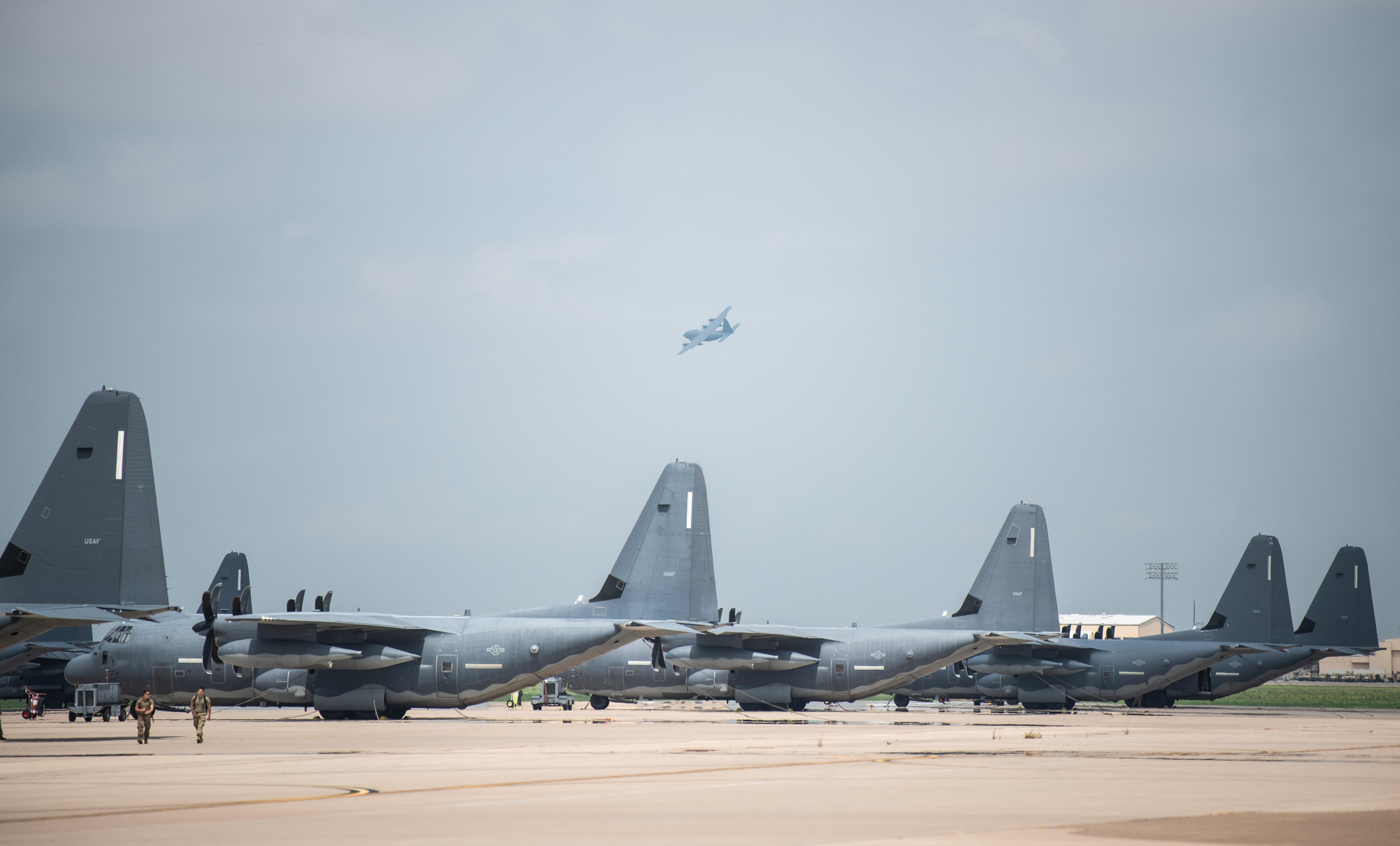 A U.S. Air Force AC-130J Ghostrider gunship, assigned to the 27th Special Operations Group Detachment 2, maneuvers during final approach July 19, 2021, at Cannon Air Force Base, N.M. The arrival of Cannon’s first AC-130J Ghostrider represents a significant expansion of force generation capacity as AFSOC