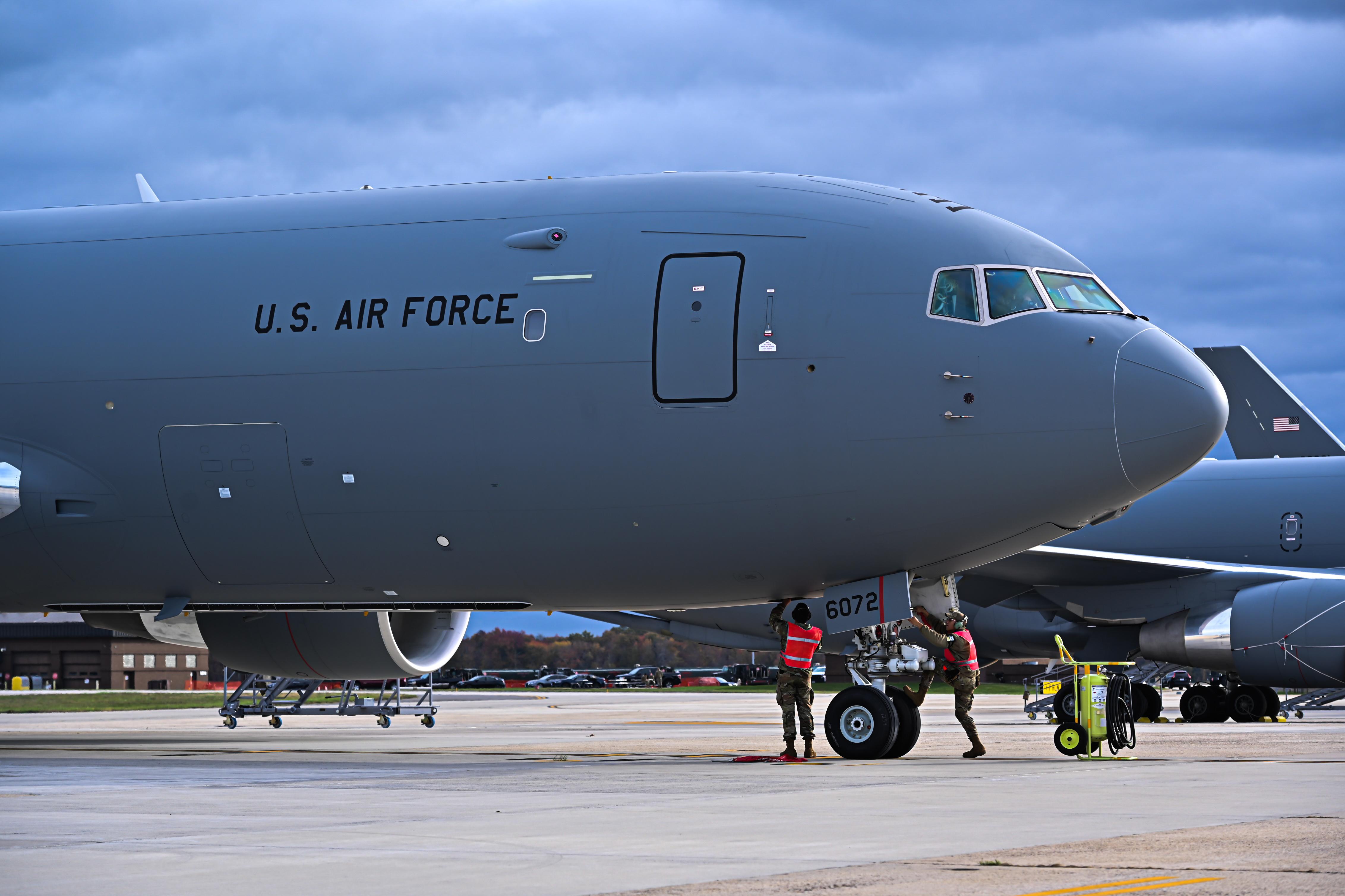 A KC-46A Pegasus arrives on Joint Base McGuire-Dix-Lakehurst, N.J., Oct. 28, 2022. The KC-46A supports nearly 70% percent of all receiver aircraft that request air refueling support from U.S. Transportation Command. (U.S. Air Force photo by Senior Airman Joseph Morales)