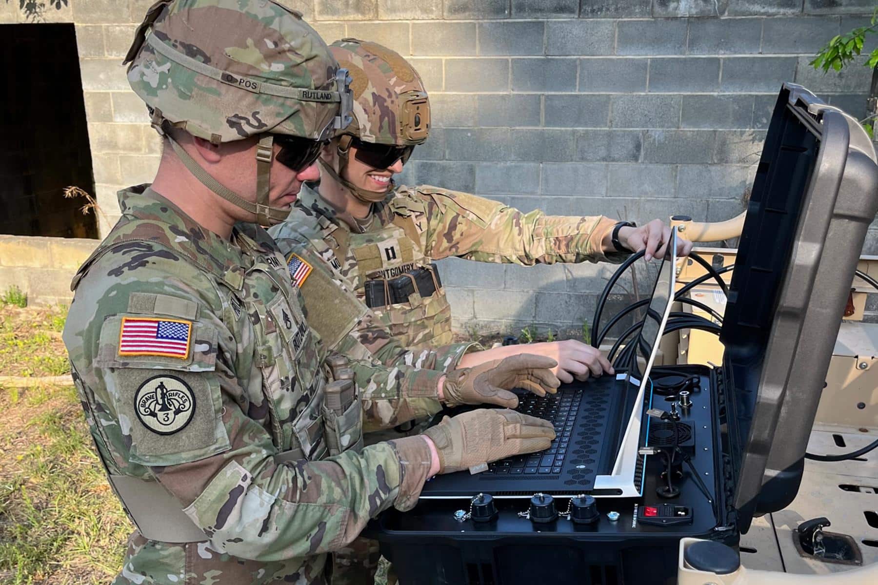 Staff Sgt. Jarrod Rutland and Capt. Paulina Montgomery, 1st Space Brigade, prepare the MRZR vehicle with the SEEKr, a newer small form factor prototype, to support and move tactically for the Ranger Regiment raid during the U.S. Army Special Operations Command’s Capabilities Exercise, April 23-27, at Fort Bragg, North Carolina. (U.S. Army photo)
