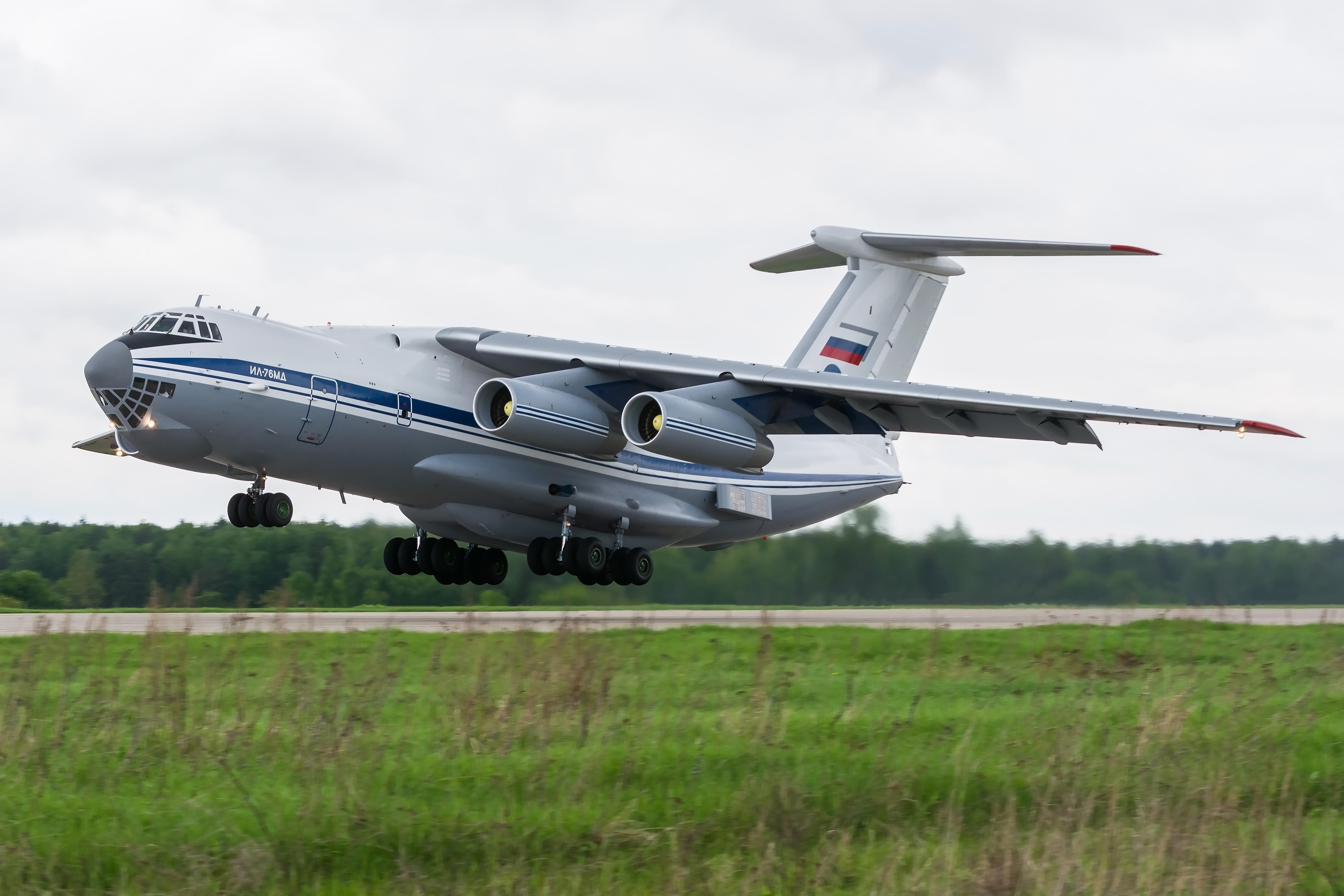 MOSCOW REGION, RUSSIA, 5 MAY 2015: Russian Air Force military plane Ilyushin Il 76 take off airbase runway. Air cargo transport, logistic. Military airport live. Cargo jet Airplane. Air freighter.
