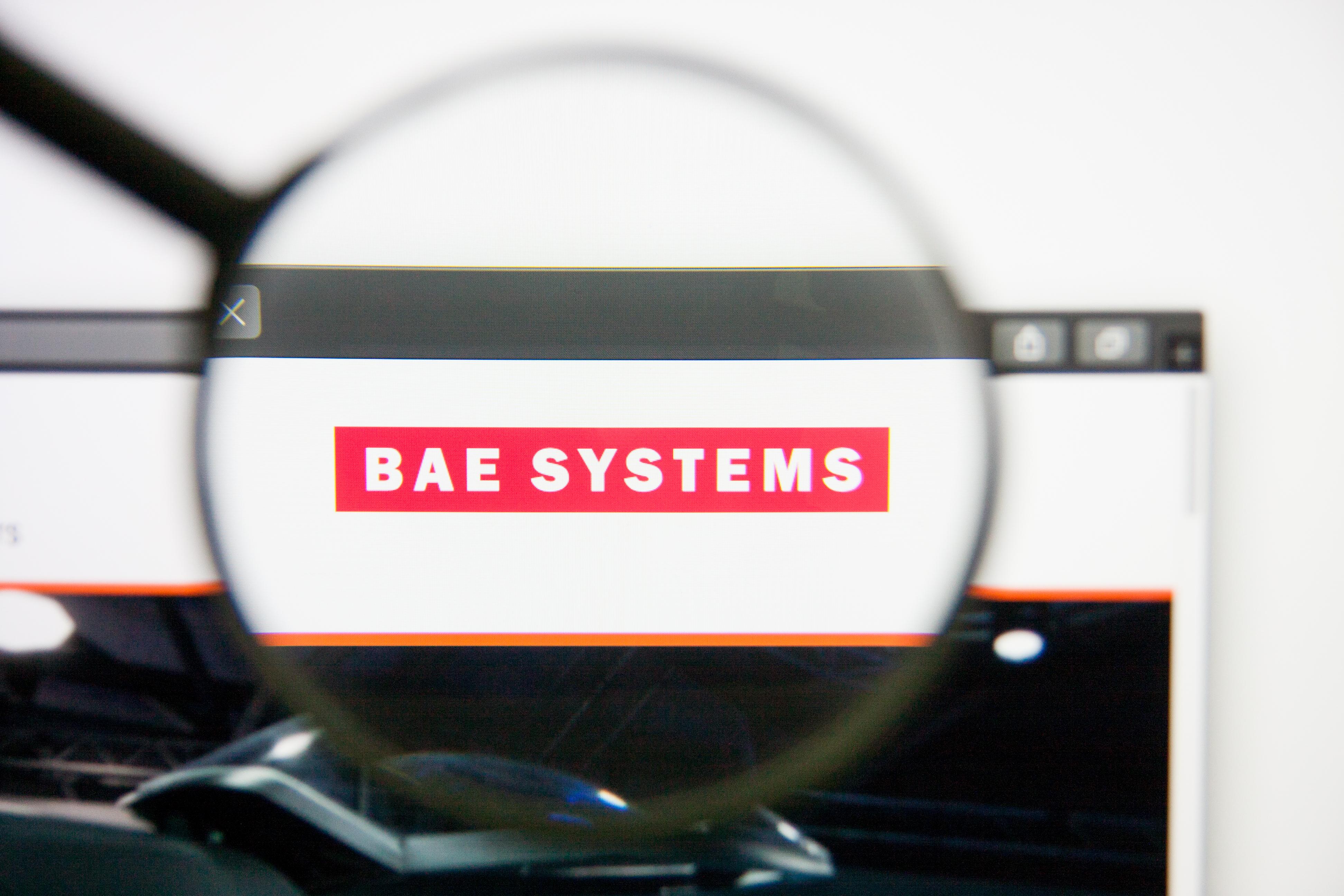 Los Angeles, California, USA - 14 February 2019: BAE Systems aerospace website homepage. BAE Systems logo visible on display screen.