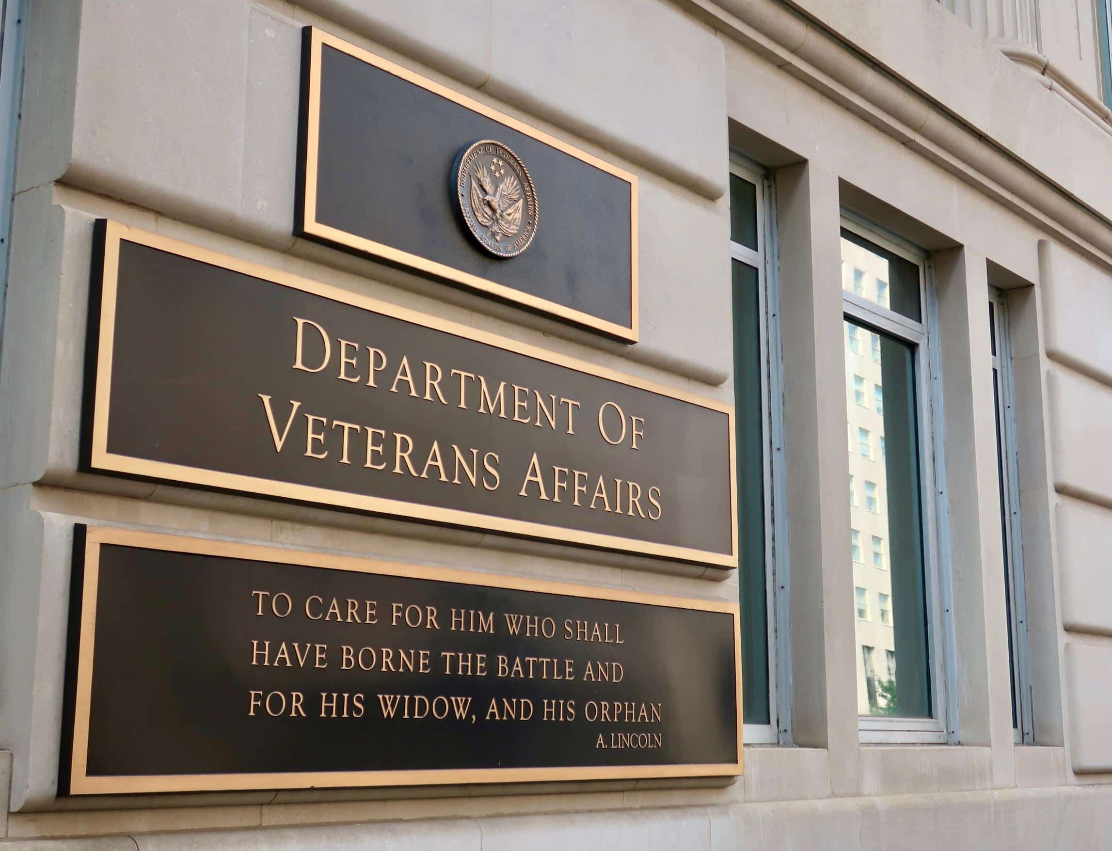 WASHINGTON - SEPTEMBER 18, 2020: SIGN at US DEPARTMENT OF VETERANS AFFAIRS headquarters building with quotation from Lincoln