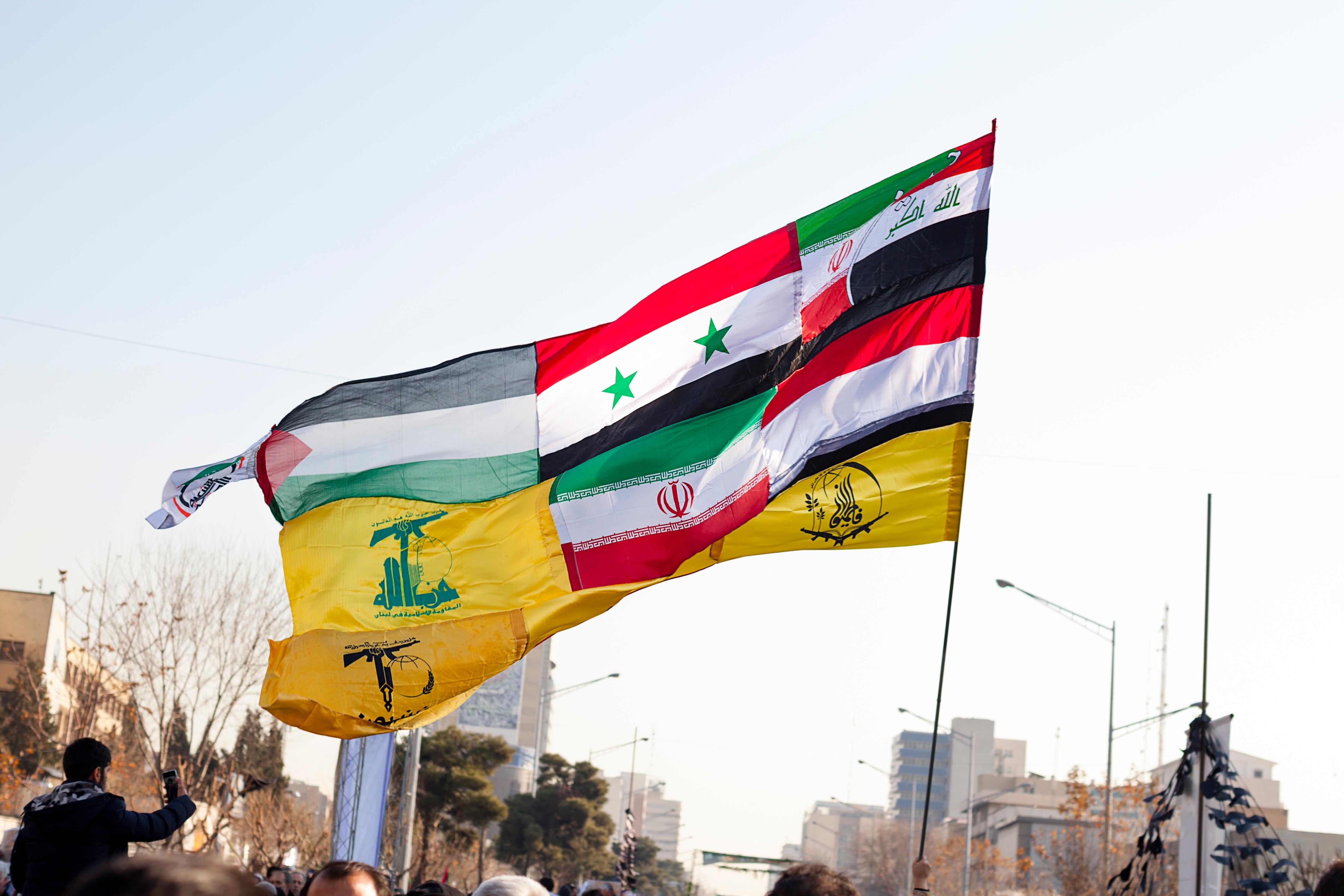 The flags of the allied resistance groups with Iran, the flags of Hamas, Hezbollah, Yemen, Iraq, Fatimids, the popular uprising and the Islamic Republic of Iran together. Iran Tehran, Jan 7, 2020.