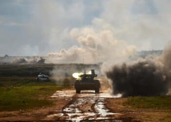 Alabino, Moscow region, Russia, August 26, 2021. International military-technical forum "Army-2021", Alabino military training ground. Tank T-80, T-72, T-90, BMP, fire strikes