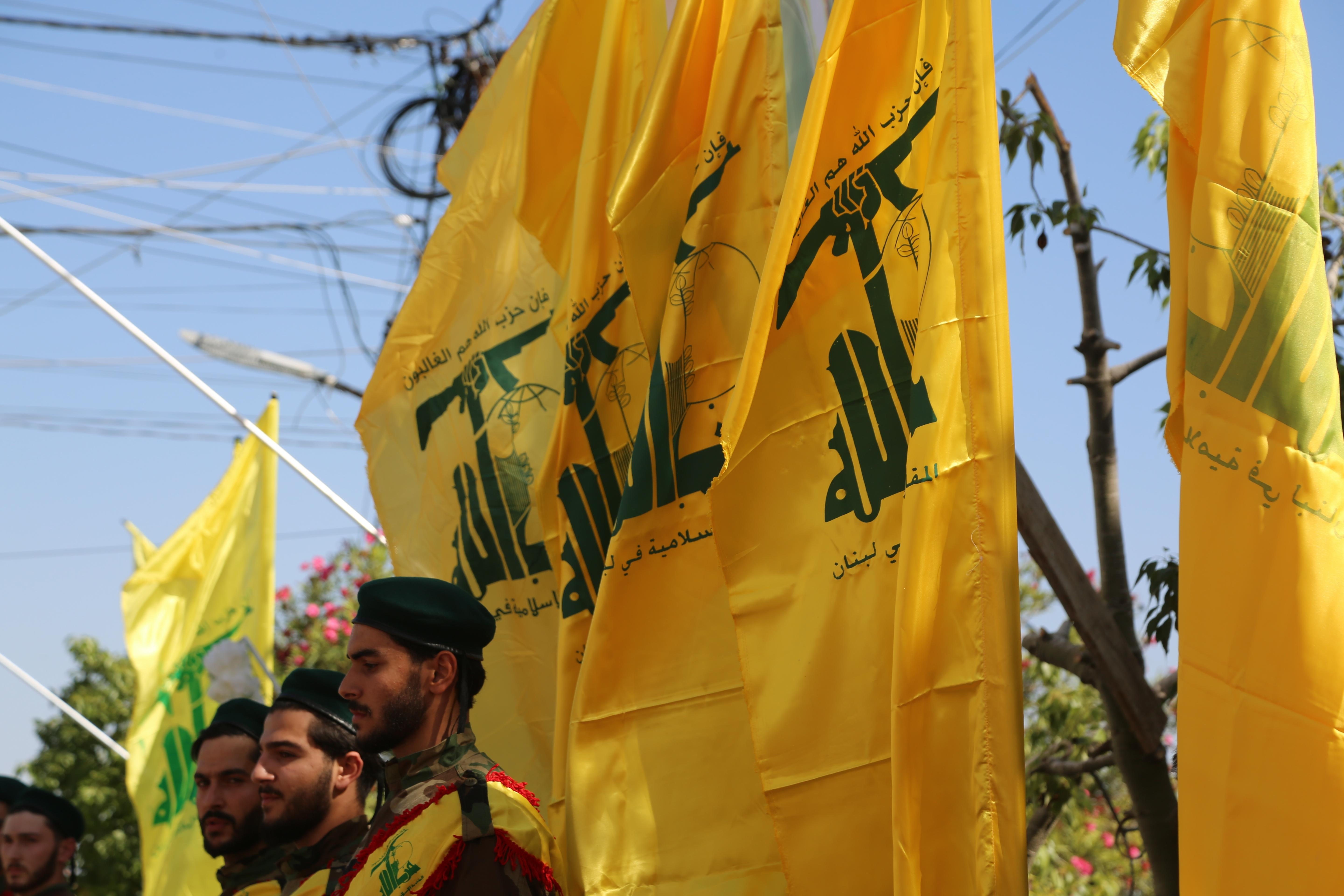 south government-tyre city-Lebanon 25-10-2023: Yellow Hezbollah flags