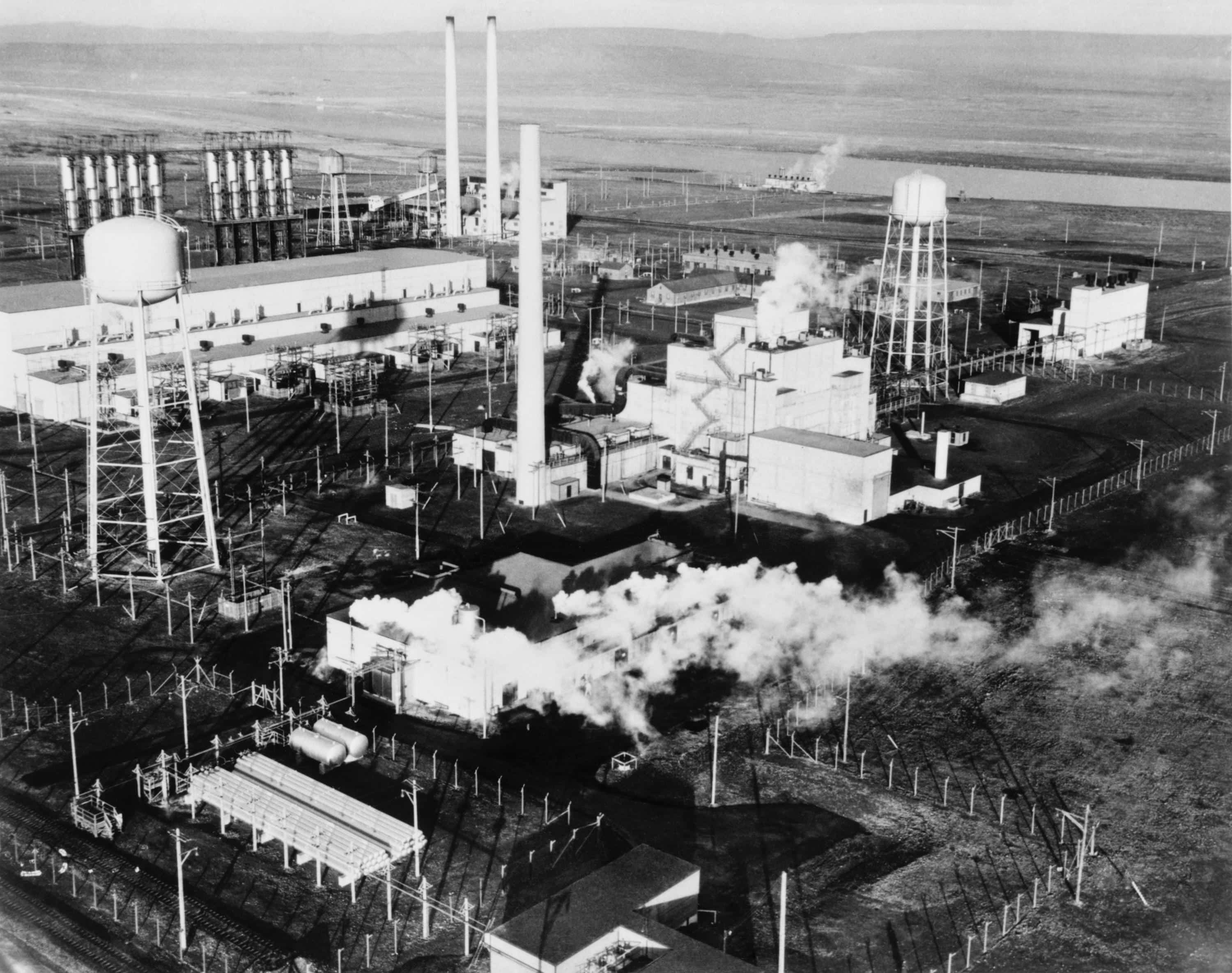 Aerial view of the 100-B Area with the Reactor B, the first large scale nuclear reactor ever built. The Hanford Site of the Manhattan Project produced the Plutonium-239 for the second atomic bomb.