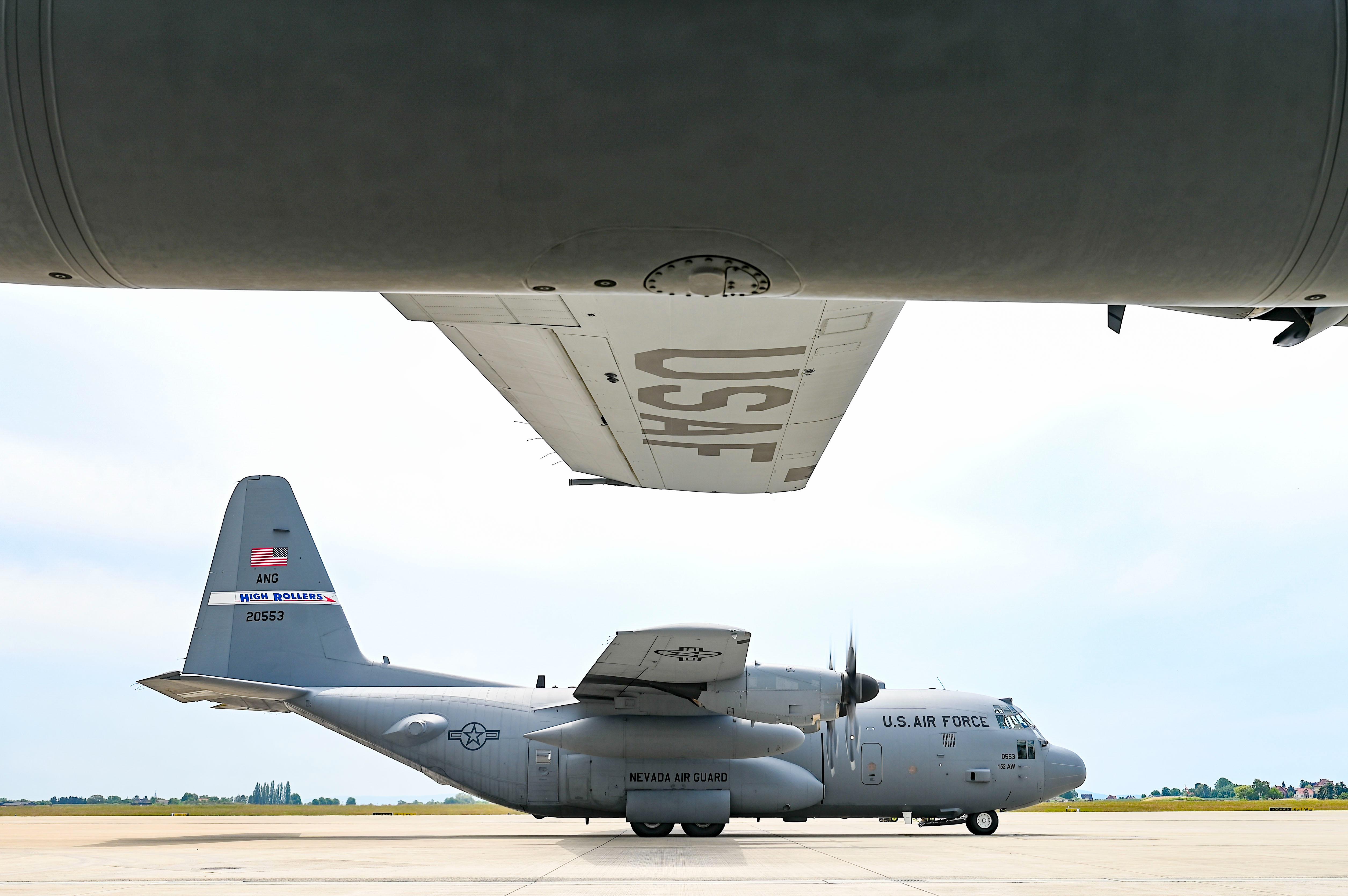 A U.S. Air Force C-130 Hercules aircraft, with the 152nd Airlift Wing, Nevada National Guard, begins to taxi in preparation for exercise Air Defender 2023 (AD23) at Wunstorf Air Base, Wunstorf, Germany, June 6, 2023. Exercise AD23 integrates both U.S. and Allied air-power to defend shared values, while leveraging and strengthening vital partnerships to deter aggression around the world. (U.S. Air National Guard photo by Master Sgt. Caila Arahood)
